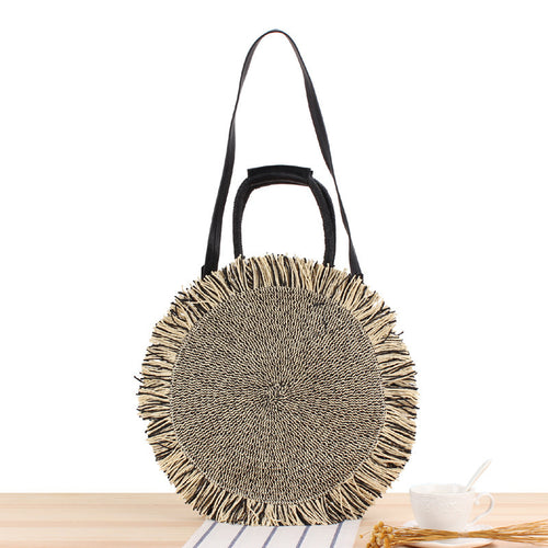 Round Bast shoulder bag with fringes and leather handles Bowlift