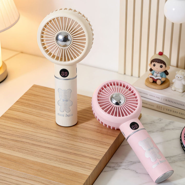 Ladies Portable Mini Hand Fan with Digital Temperature Display and Cute Bear Design Bowlift