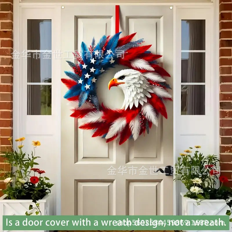 Independence Day rustic round wooden patriotic cross wall plaque with floral accents and God Bless America banner Bowlift