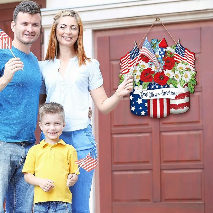 Unisex nan patriotic layered wooden door hanger with American flag buckets and floral bouquet Bowlift