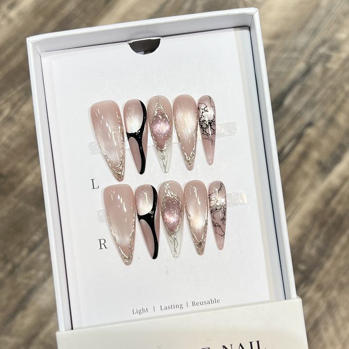 Artistic Stiletto Press-On Nail Set with Unique Marble Design Bowlift