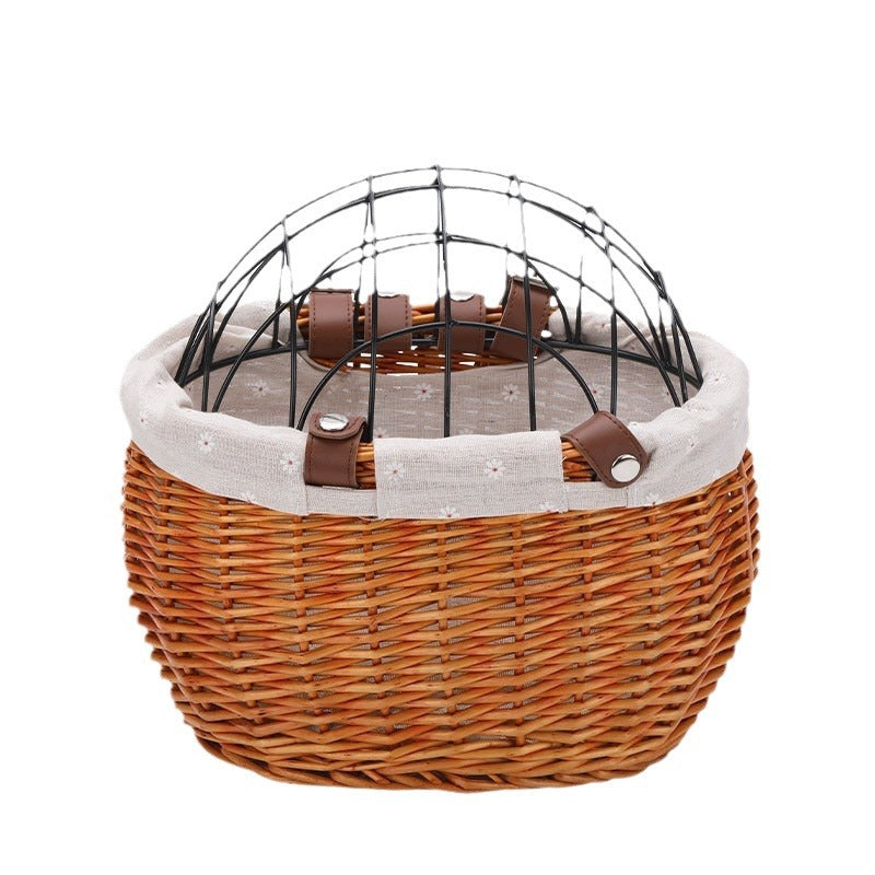 woven rattan pet carrier basket with detachable linen liner and foldable metal safety dome Bowlift
