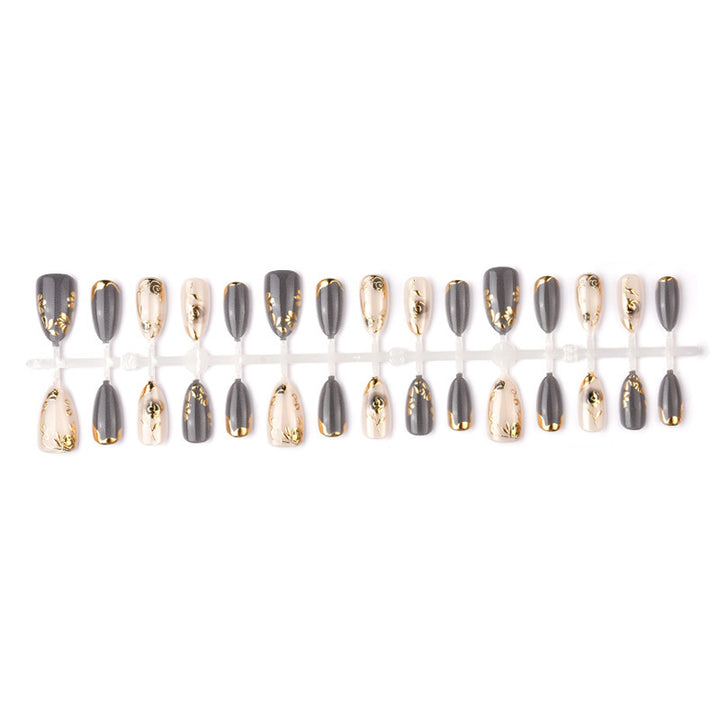 Artificial Nail Set with Elegant Rose Design and Gold Accents Bowlift