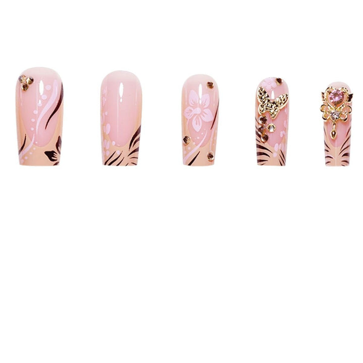 Artistic Press-On Nails with Floral and Gemstone Accents Bowlift