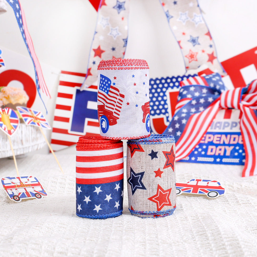 Unisex nan decorative wired Americana craft ribbon set with stars stripes truck and flag print Bowlift