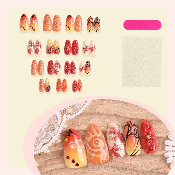 Premium Decorative Press-On Nail Set with Artistic Floral Accents Bowlift