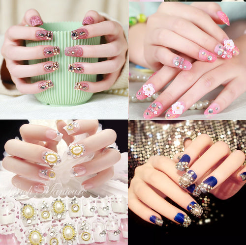 Artificial nails with elegant flower and rhinestone design Bowlift