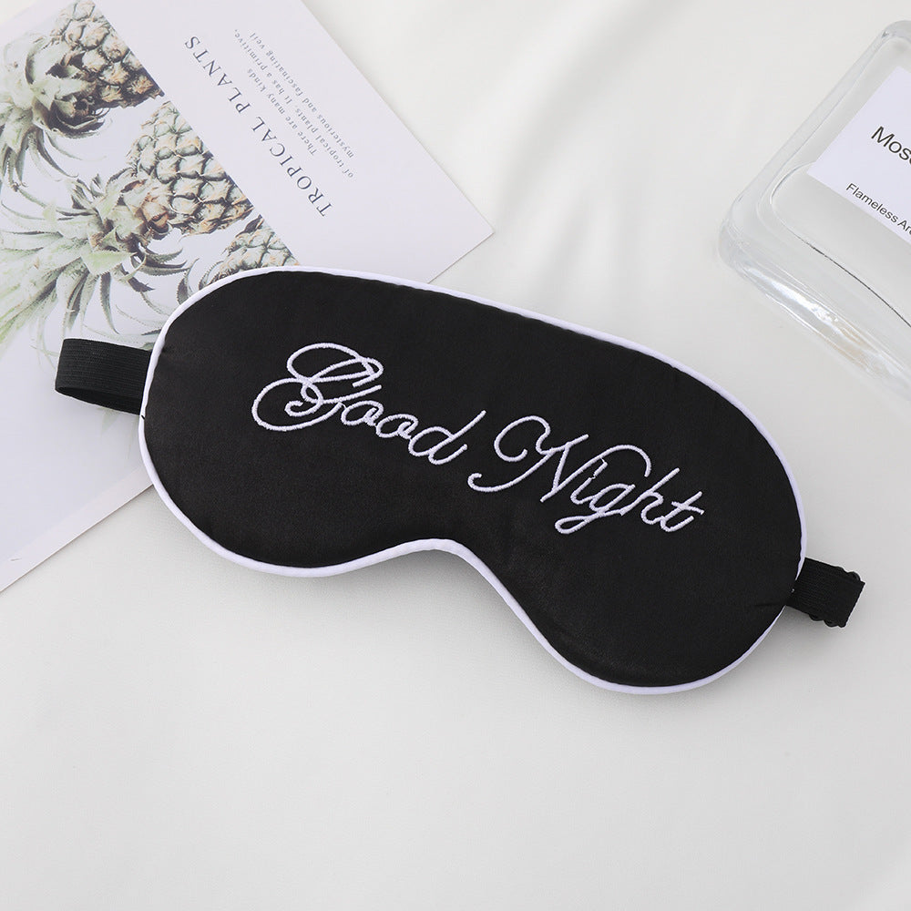 Unisex embroidered contoured sleep mask with decorative text embroidery and adjustable elastic band Bowlift