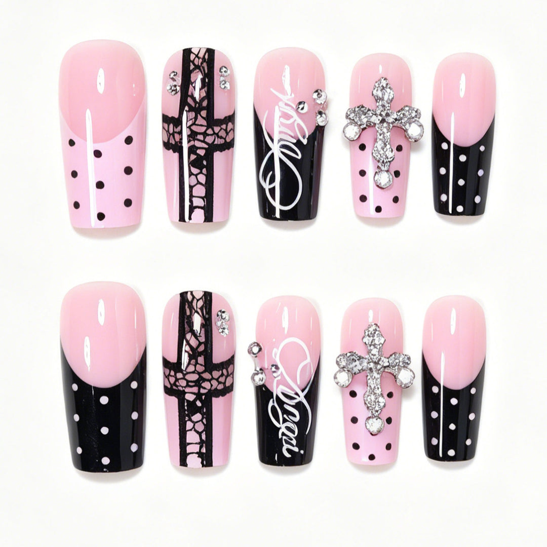 Artistic Long Press-On Nail Design Set with Cross Accents Bowlift
