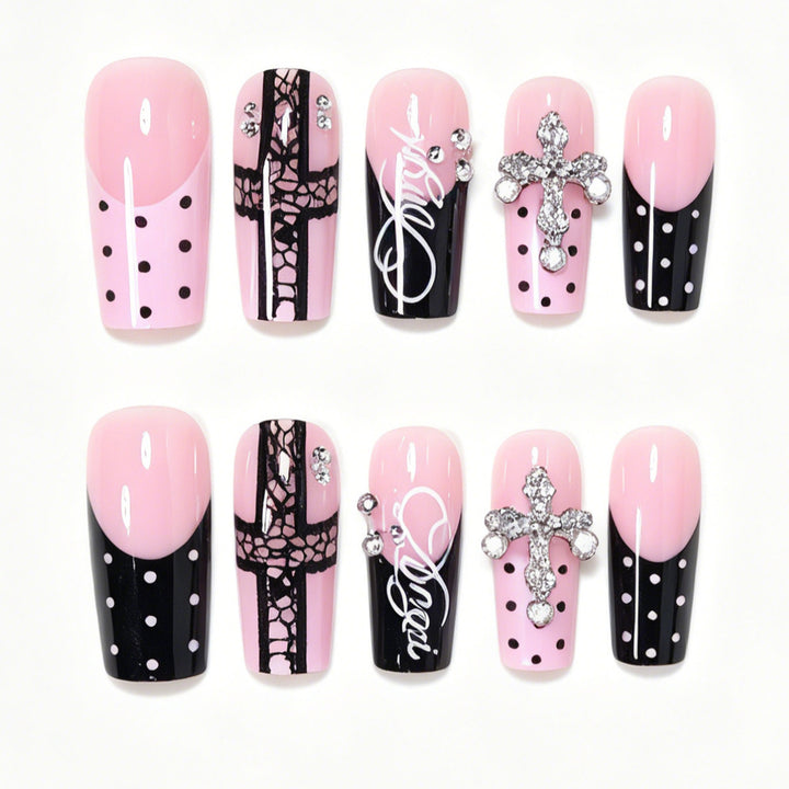 Artistic Long Press-On Nail Design Set with Cross Accents Bowlift