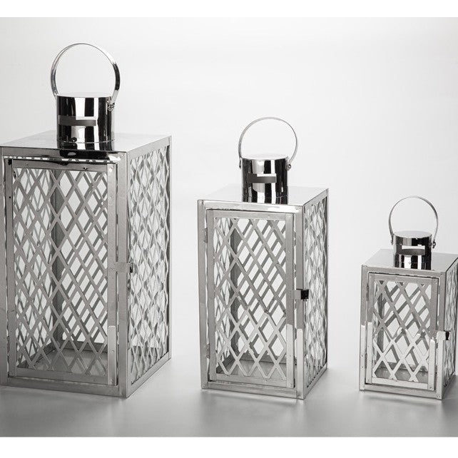 Modern Polished Lattice Metal Lantern Collection with Hinged Door and Top Loop Handle Bowlift