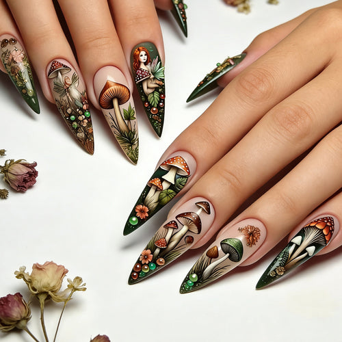 Creative artificial nails with playful fairy and mushroom design Bowlift