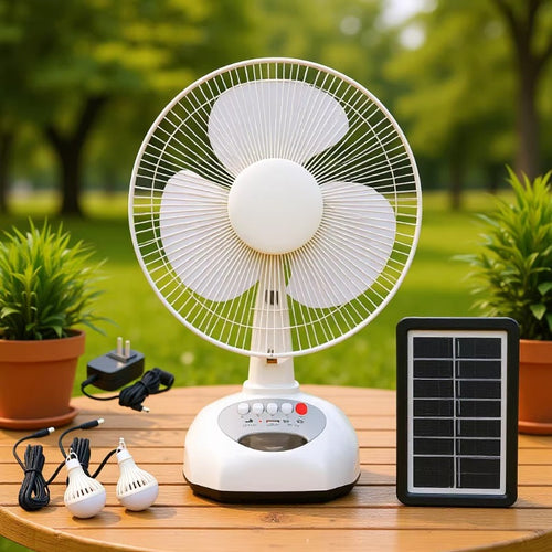 Unisex compact solar and mains powered table fan with built-in battery, oscillating and portable Bowlift