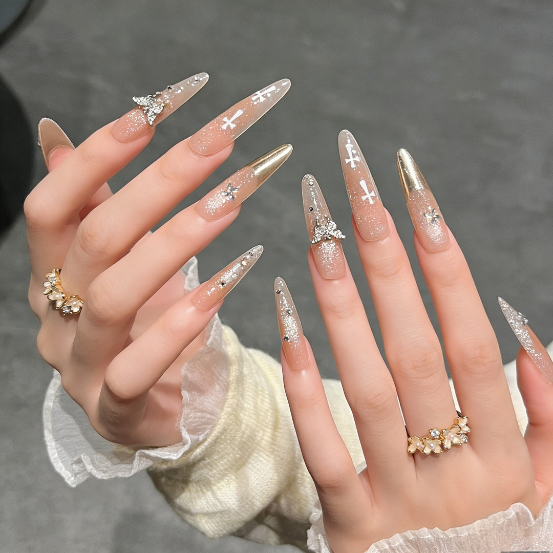 Elegant Stiletto Press-On Nail Extensions with Gem Accents Bowlift