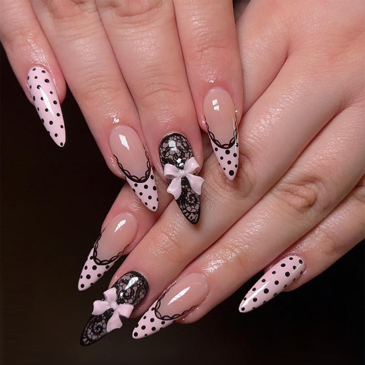 Elegant Stiletto Press-On Nail Set with Lace and Bow Design Bowlift