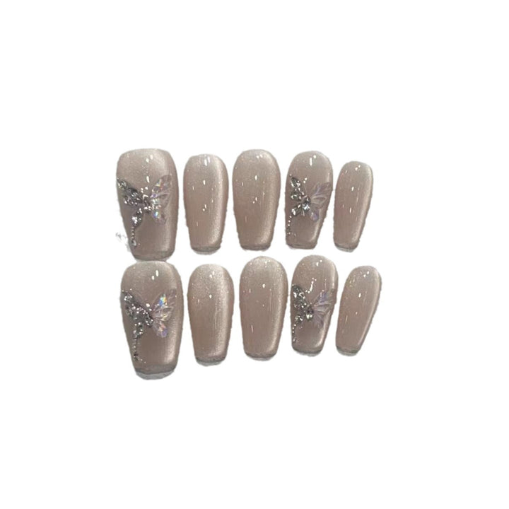 Stylish Press-On Nail Art Set with Elegant Butterfly and Gem Accents Bowlift