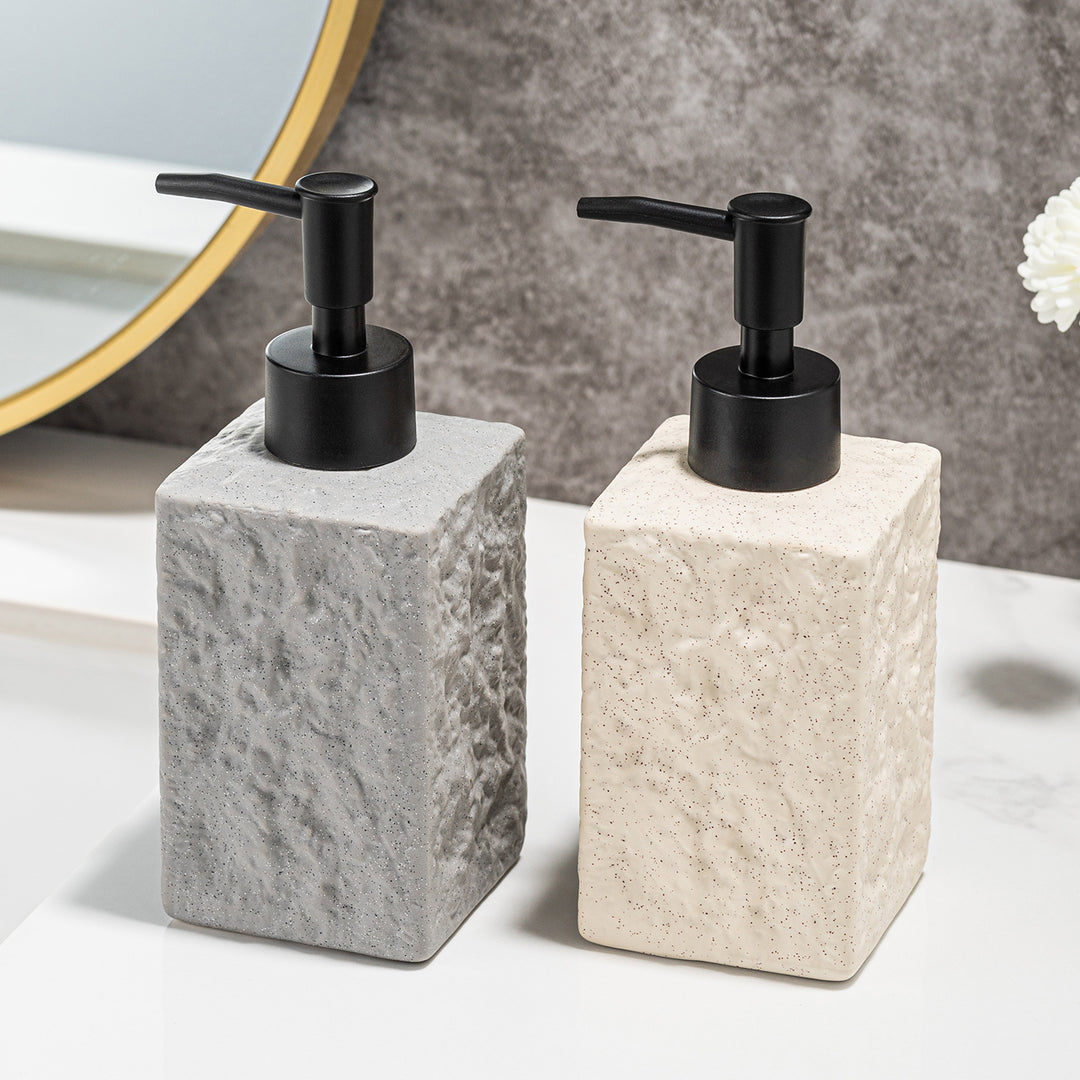 Textured Ceramic Rectangular Soap Dispenser with Matte Pump and Stone-Look Finish Bowlift