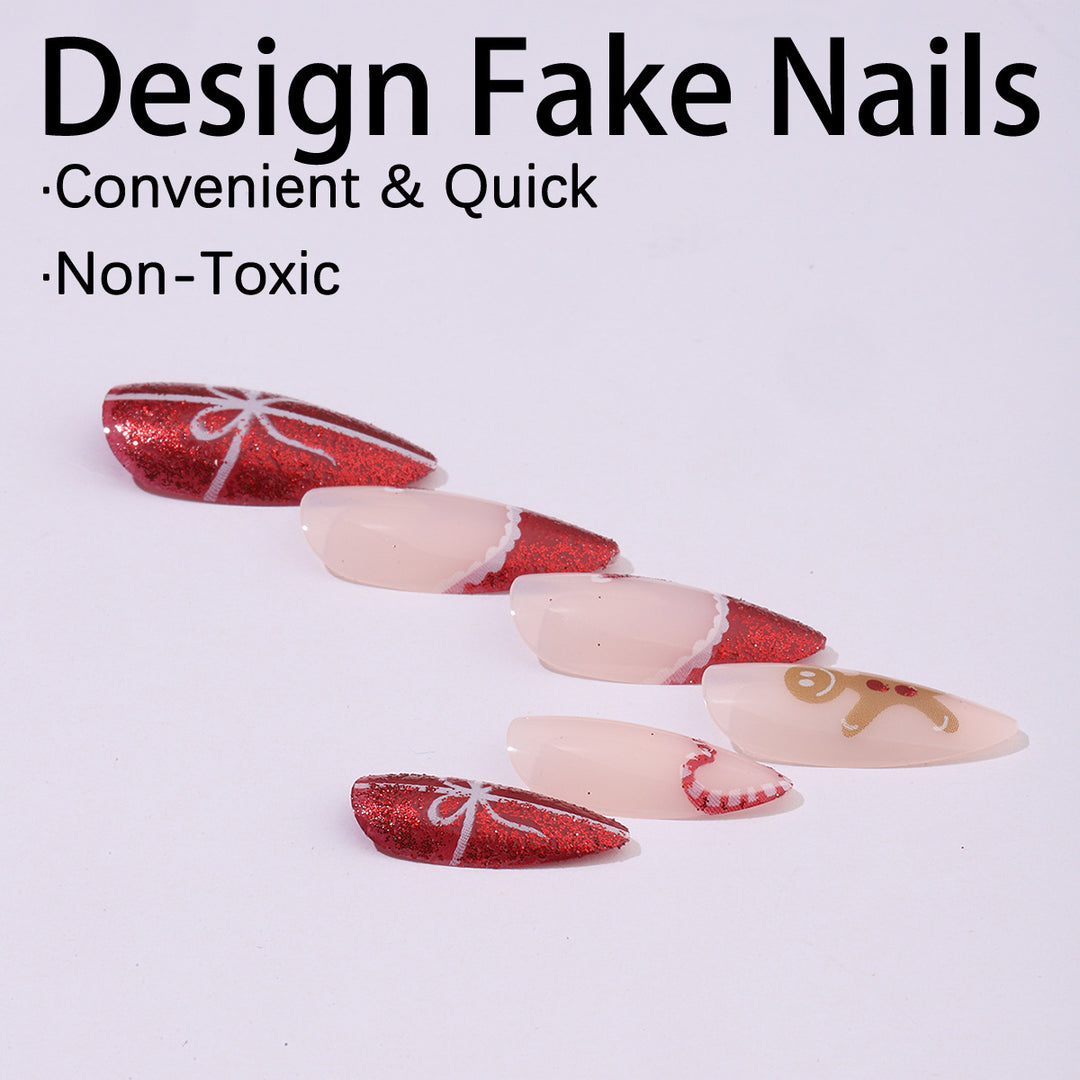 Artificial nail set with festive candy cane and gingerbread pattern Bowlift