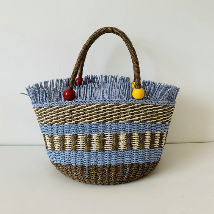 Generous braided tote bag with colorful fringed edge Bowlift