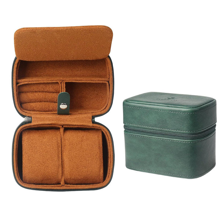 Compact Travel Leather Jewelry Organizer Box with Zippered Two-Tier Interior Bowlift