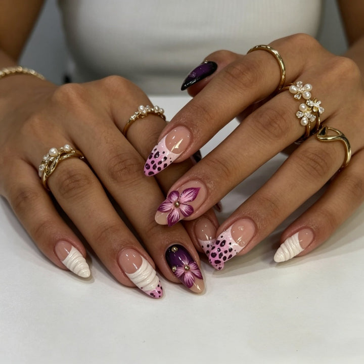 Artistic Floral and Textured Press-On Nail Set Bowlift