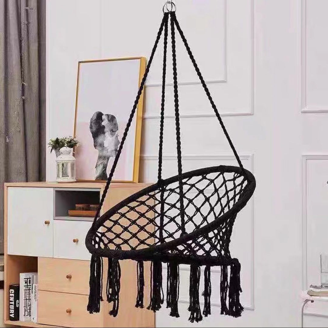Boho macrame hanging swing chair with faux fur cushion and fringe Bowlift