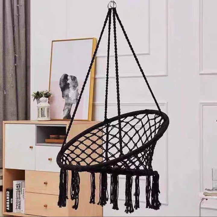 Boho macrame hanging swing chair with faux fur cushion and fringe Bowlift