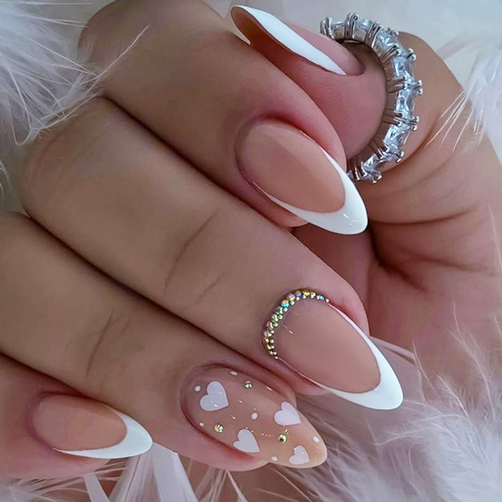 Acrylic Nail Set with Creative Heart and Glitter Motif Bowlift