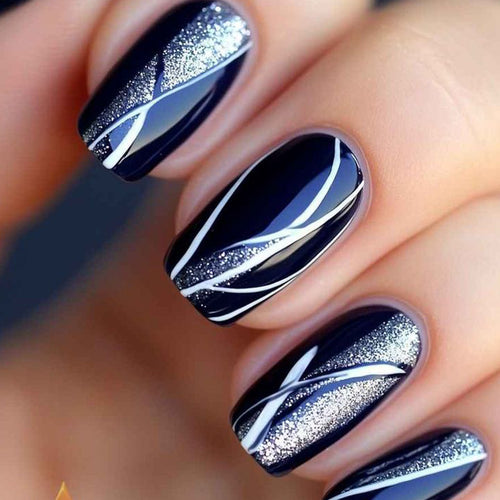 Stylish Press-On Nail Art with Glitter and Geometric Design Bowlift