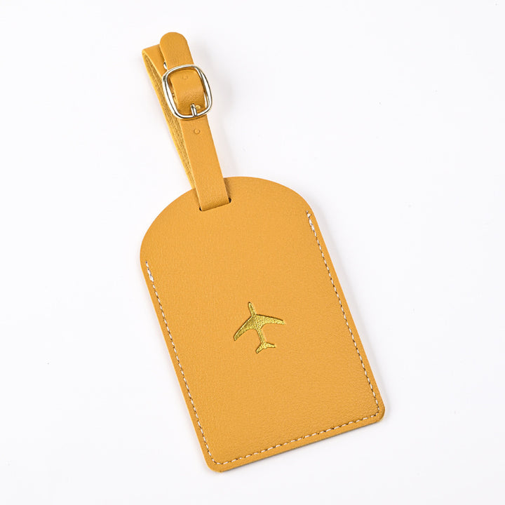 premium leather luggage tag with adjustable buckle strap and embossed airplane Bowlift
