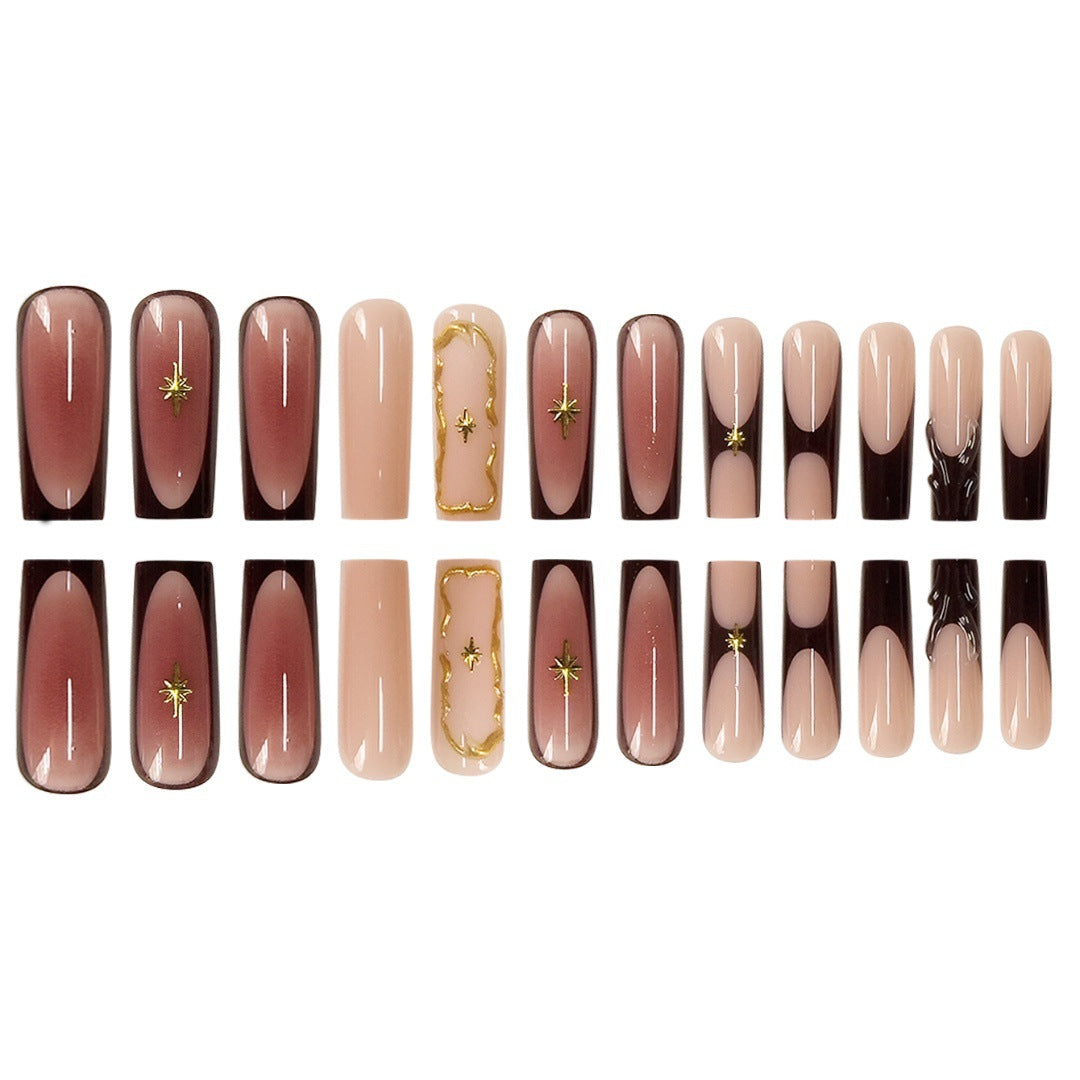 Artistic Long Press-On Nail Art Extensions with Gold Detailing Bowlift