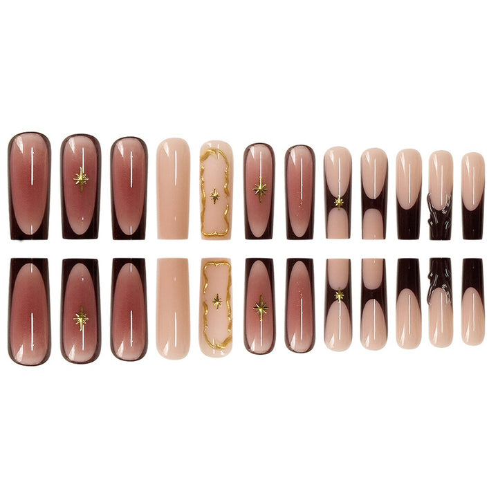 Artistic Long Press-On Nail Art Extensions with Gold Detailing Bowlift