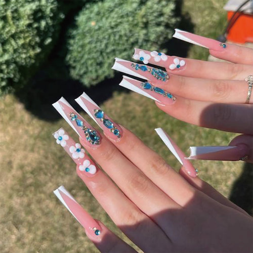 Decorative Floral Press-On Nails Set with Rhinestones Bowlift