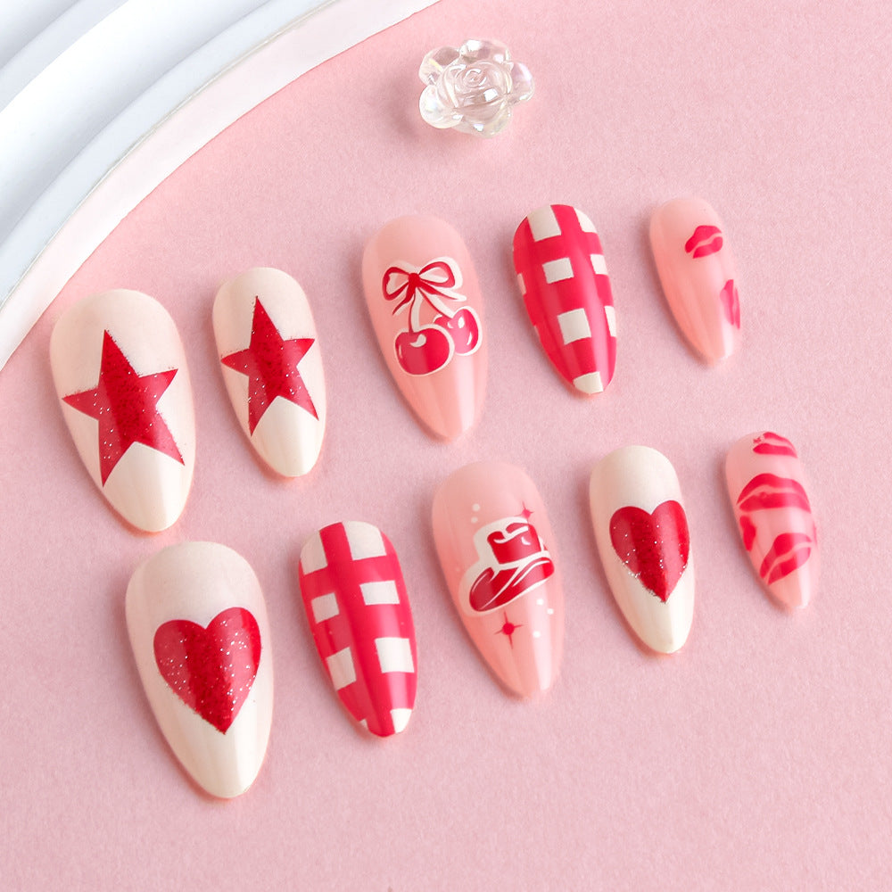 Artistic Press-On Nail Art Set with Heart and Star Designs Bowlift