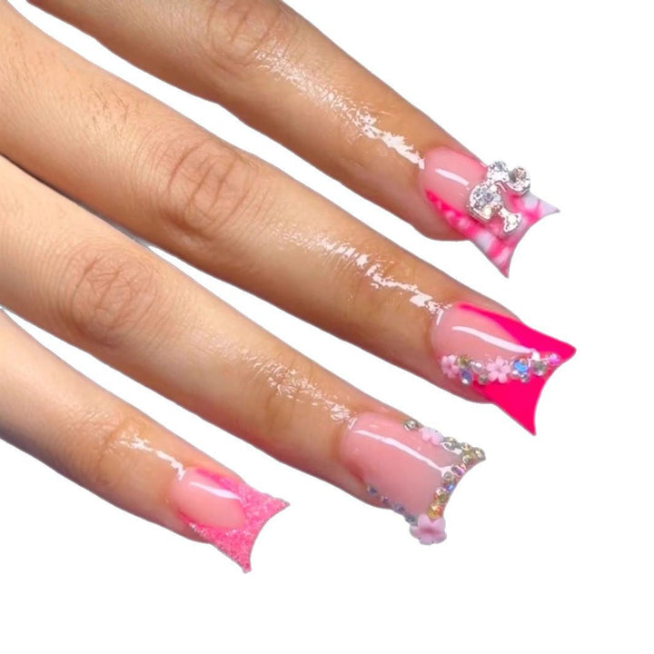 Decorative Floral and Rhinestone Acrylic Nail Extensions Bowlift