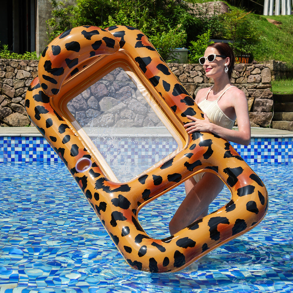 Unisex Inflatable Leopard Swimming Ring with Integrated Drink Holder Bowlift