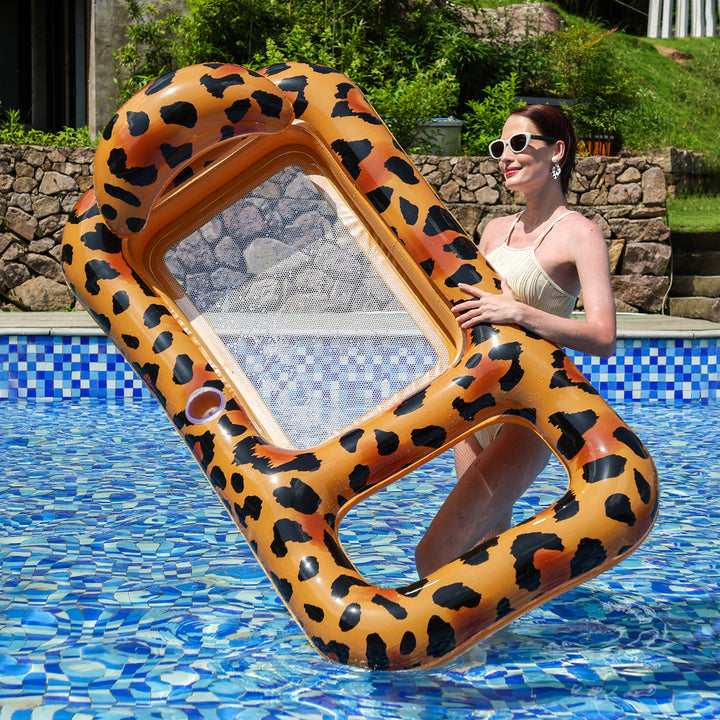 Unisex Inflatable Leopard Swimming Ring with Integrated Drink Holder Bowlift