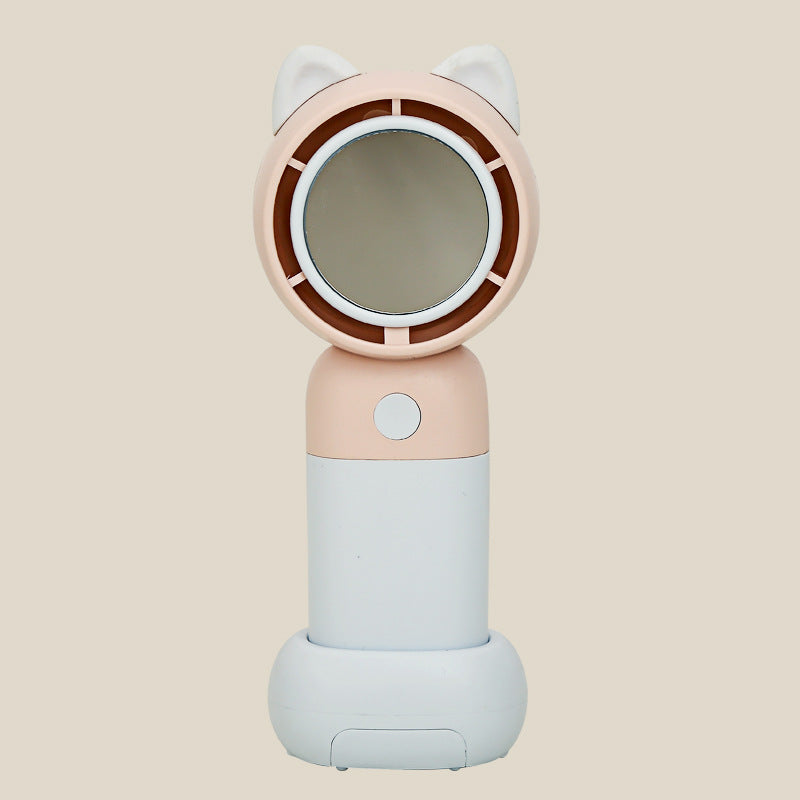 Cooling portable handheld bladeless fan with built-in mirror and rechargeable battery dock Bowlift