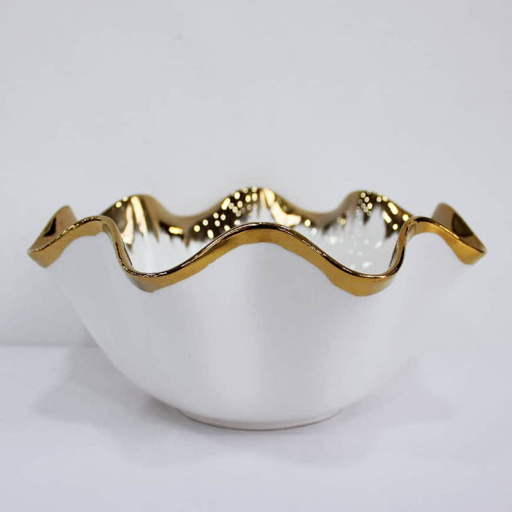 Hand-Glazed Metallic-Trimmed Ruffled Ceramic Centerpiece Bowl Bowlift