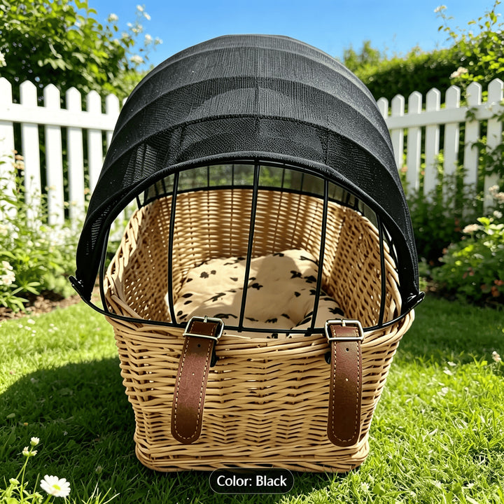 woven wicker pet carrier basket with retractable mesh canopy Bowlift