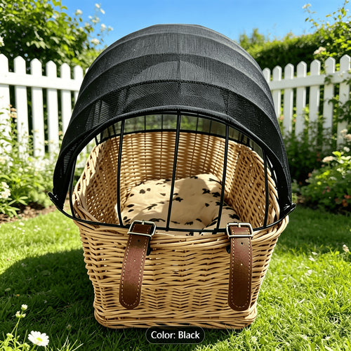woven wicker pet carrier basket with retractable mesh canopy Bowlift
