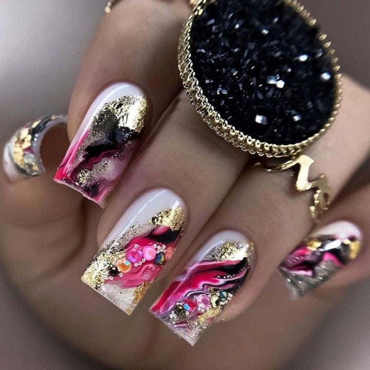 Artificial Nails in Luxurious Marble Design with Colored Accents Bowlift