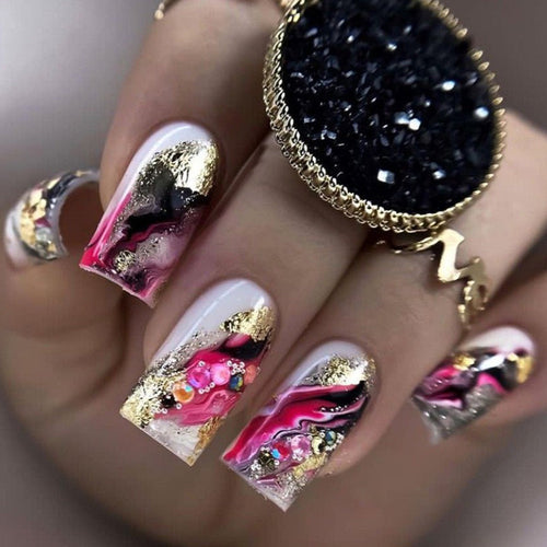 Artificial Nails in Luxurious Marble Design with Colored Accents Bowlift