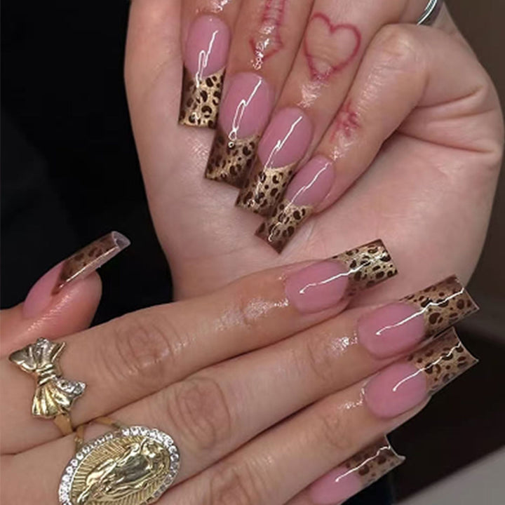 Elegant Leopard Print French Tip Press-On Nails Bowlift