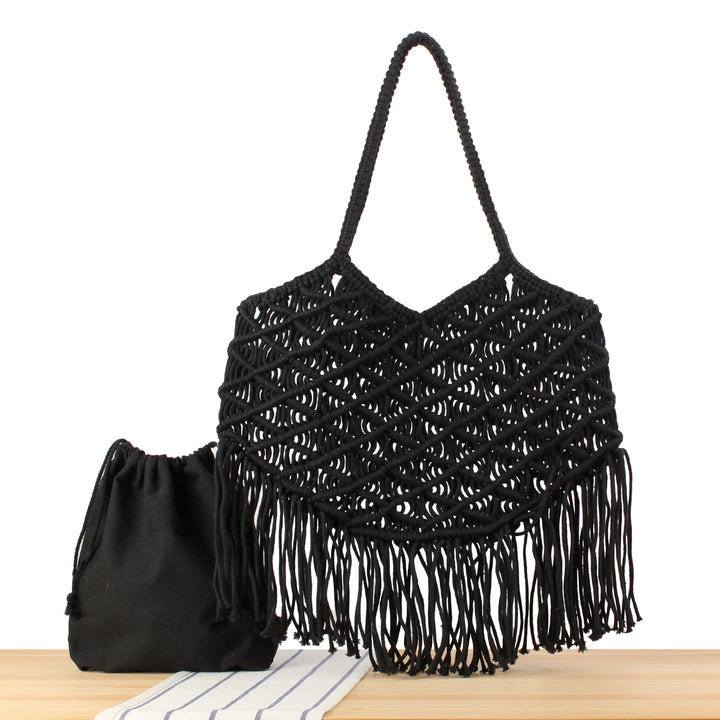 Macrame Tote Bag with Fringed Bottom Bowlift