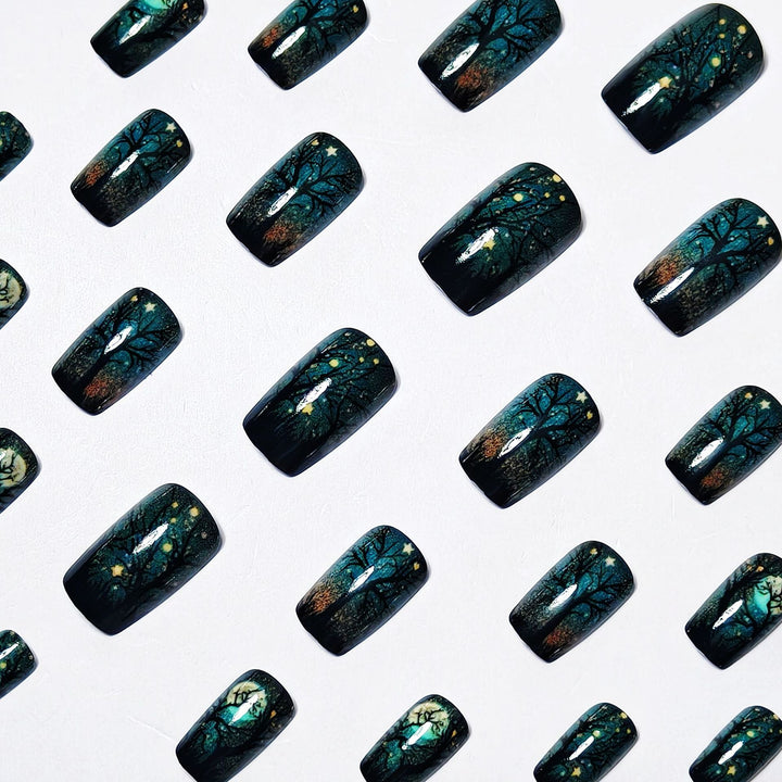 Creative Acrylic Nails with Midnight Forest Design Bowlift