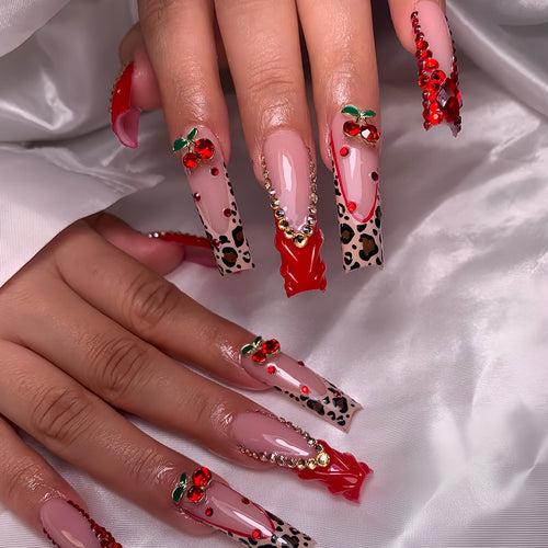 Decorative Long Press-On Nail Set with Gemstone and Floral Accents Bowlift