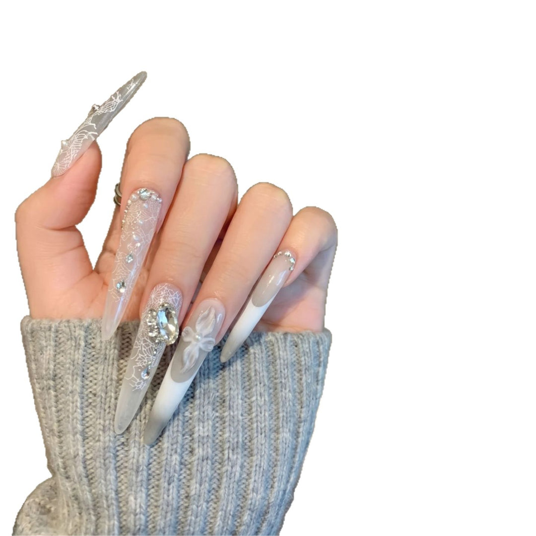 Decorative Stiletto Press-On Nail Art Set with Elegant Lace and Gemstone Accents Bowlift