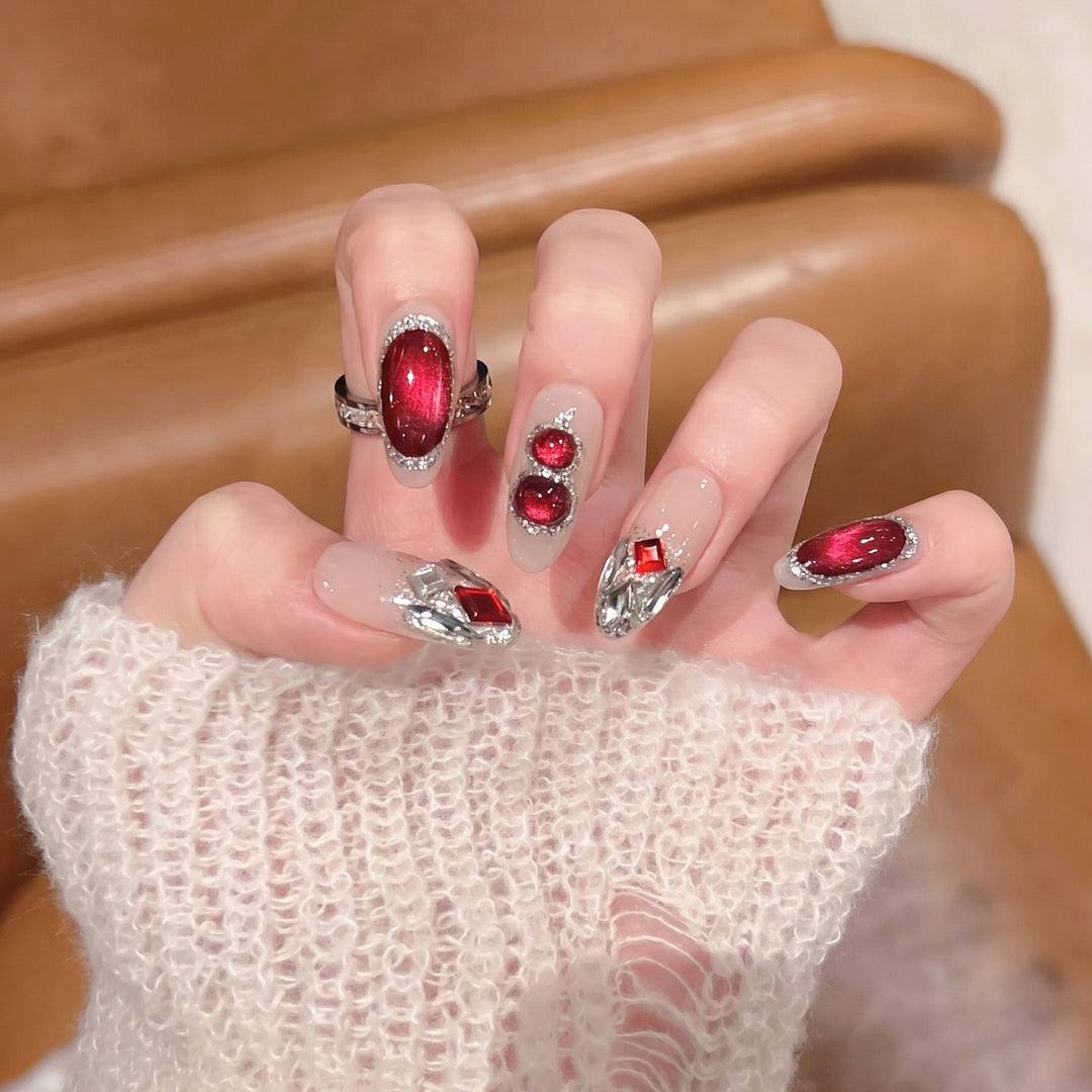 Premium Decorative Press-On Nail Set with Gemstone Accents Bowlift