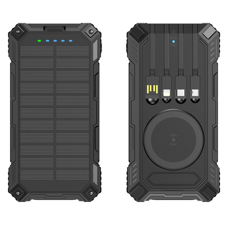 Robust Solar Power Bank with Multifunctional Charging Cable and Integrated Qi Charger Bowlift